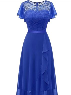 Berylove Royal Blue Lace Dress for Women, Flutter Sleeve, L